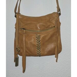LUCKY BRAND Leather Boho Zip Bucket Crossbody Purse W Fringe Metal  *read*